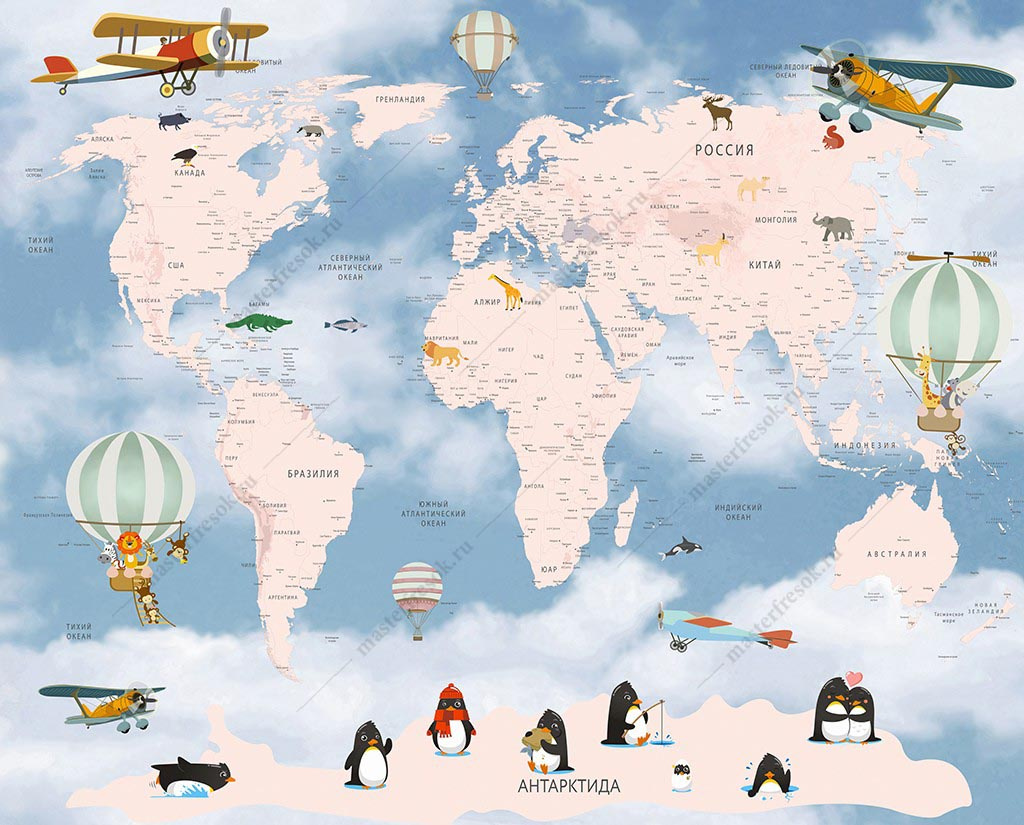 Фотообои Карта мира с пингвинятами